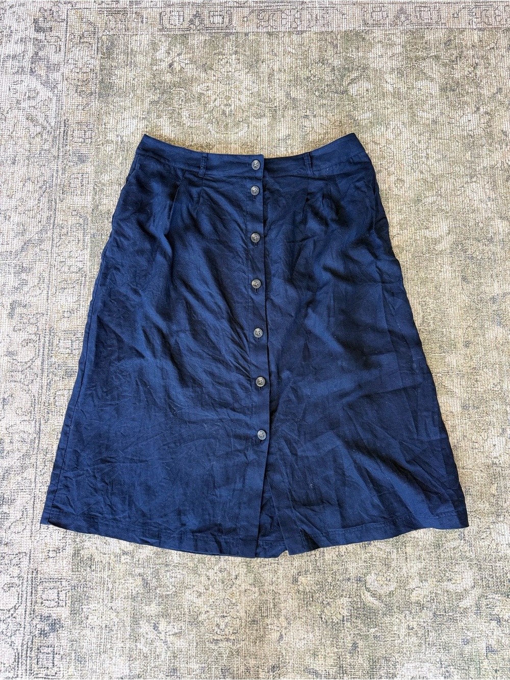 Boden Navy Blue Thomasina 100% Linen Midi Skirt Coastal Flowy Size 16-18 Summer - Picture 2 of 8